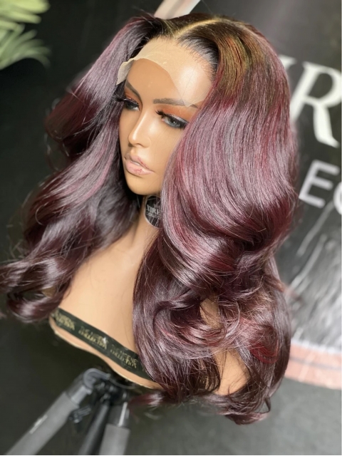 Custom Color-Bombshell Red Wine Ombre Human Hair Wig With Wand Curls-CC002 Custom Color-Bombshell Red Wine Ombre Human Hair Wig With Wand Curls-CC002
