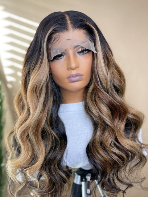 NEW DAY NEW COLOR-Brown Highlight Human Hair Wig With Wand Curls-CC012 NEW DAY NEW COLOR-Brown Highlight Human Hair Wig With Wand Curls-CC012