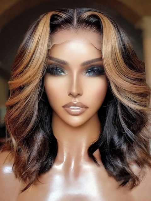 NEW DAY NEW COLOR-Short Golden Highlight Human Hair Wig With Wand Curls-CC016 NEW DAY NEW COLOR-Short Golden Highlight Human Hair Wig With Wand Curls-CC016
