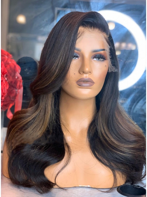 Brown Highlight Natural Human Hair Lace Wig With Wand Curls-CL002 Brown Highlight Natural Human Hair Lace Wig With Wand Curls-CL002