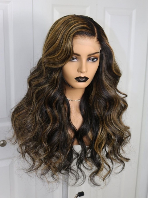 Brown Highlight Natural Human Hair Full Lace Wig With Wand Curls-FWC006 Brown Highlight Natural Human Hair Full Lace Wig With Wand Curls-FWC006