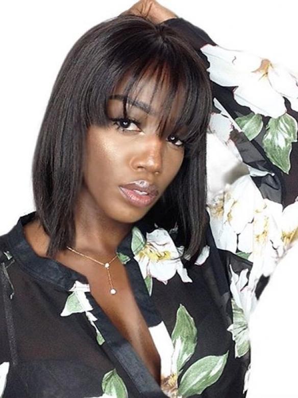 Rihanna inspired indian remy lace front wig with bang - LFB006