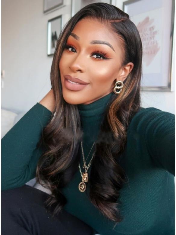 Brown Highlight Natural Human Hair  Full Lace Wig With Wand Curls-FWC003