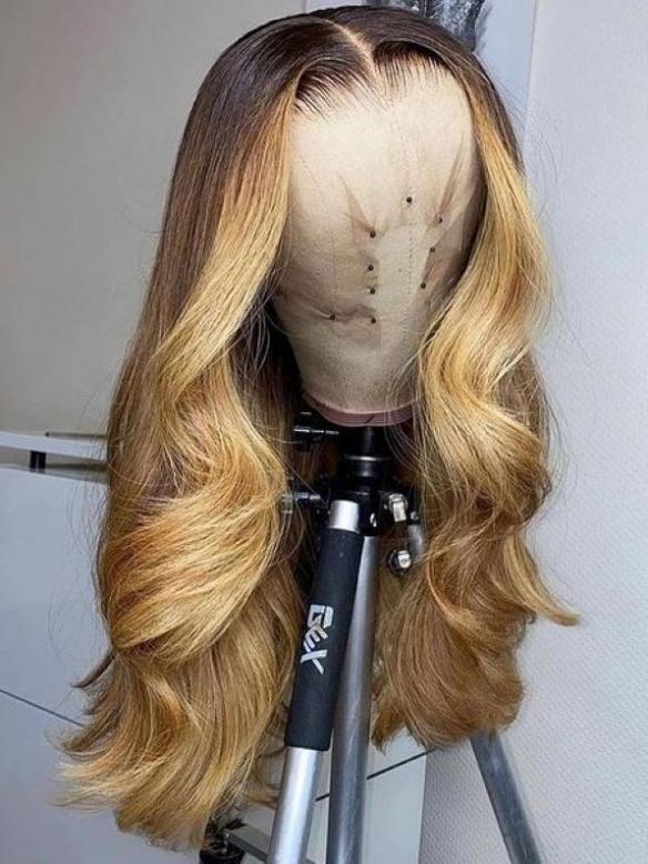 HAIRSTYLIST CUSTOM COLOR -NEW HOLIDAY SLAY HONEY BLOND OMBRE HUMAN HAIR LACE FRONT WIG-WLF303