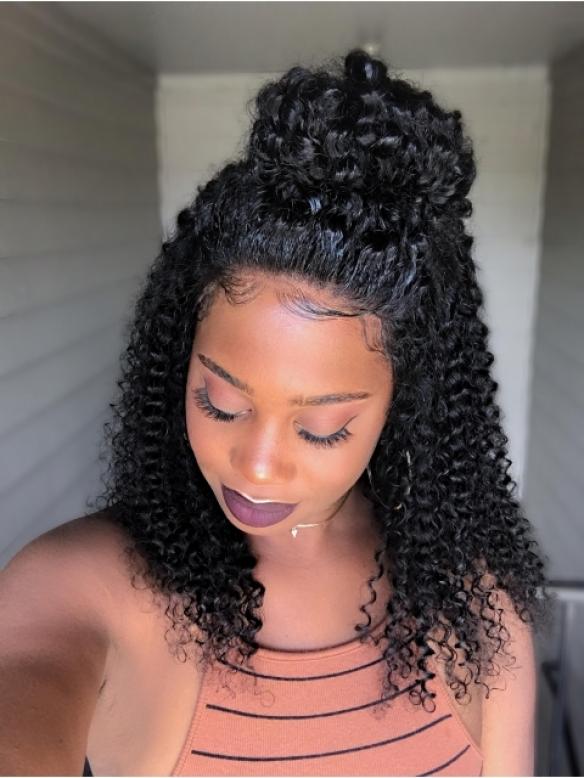 10-22 inches Indian Remy Curly Lace Front Human Hair Wig with Bangs-LW032