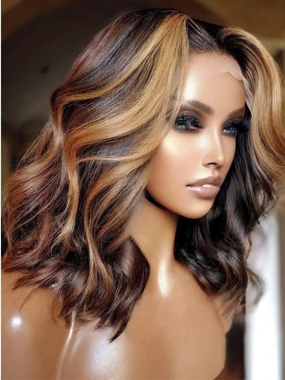 NEW DAY NEW COLOR-Short Golden Highlight Human Hair Wig With Wand Curls-CC016
