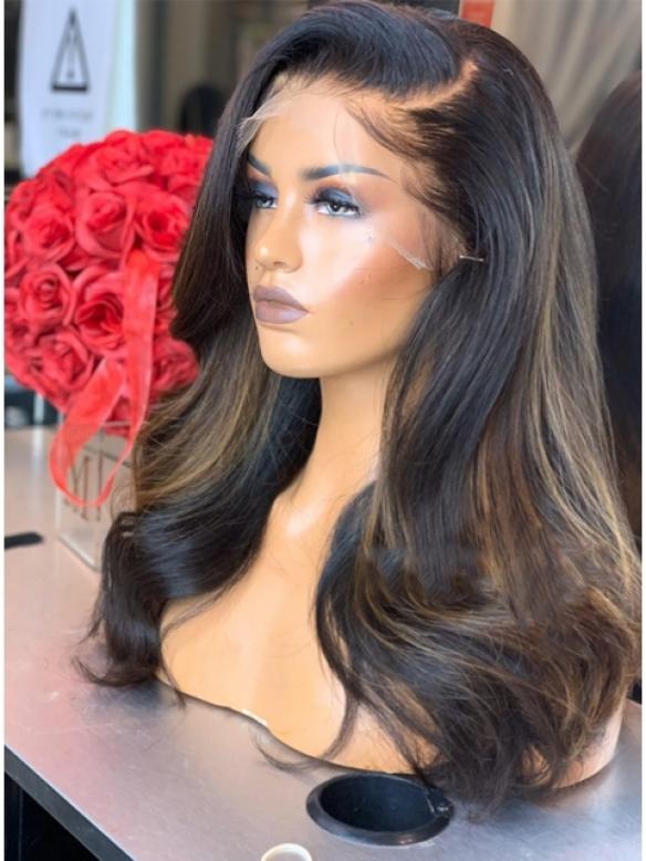 Brown Highlight Natural Human Hair  Full Lace Wig With Wand Curls-FWC003