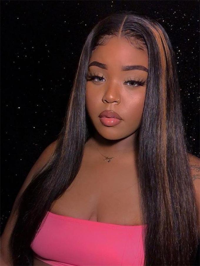 NEW Brown Highlight Kinky Straight Human Hair Lace Wig-CL006