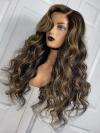 Brown Highlight Natural Human Hair Full Lace Wig With Wand Curls-FWC006