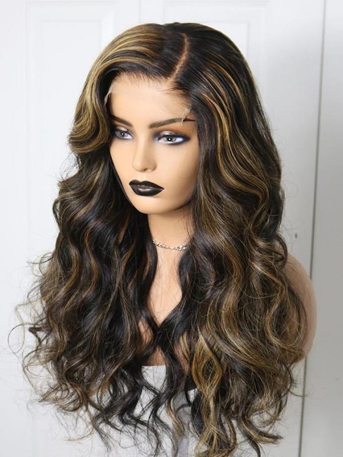 Brown Highlight Natural Human Hair Full Lace Wig With Wand Curls-FWC006