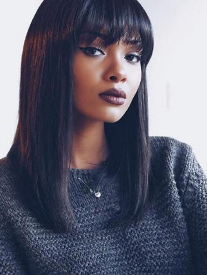 Indian virgin 6 inches deep parting preplucked human hair lace front wig with bangs-LFC002