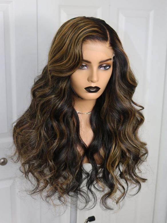 Brown Highlight Natural Human Hair Full Lace Wig With Wand Curls-FWC006